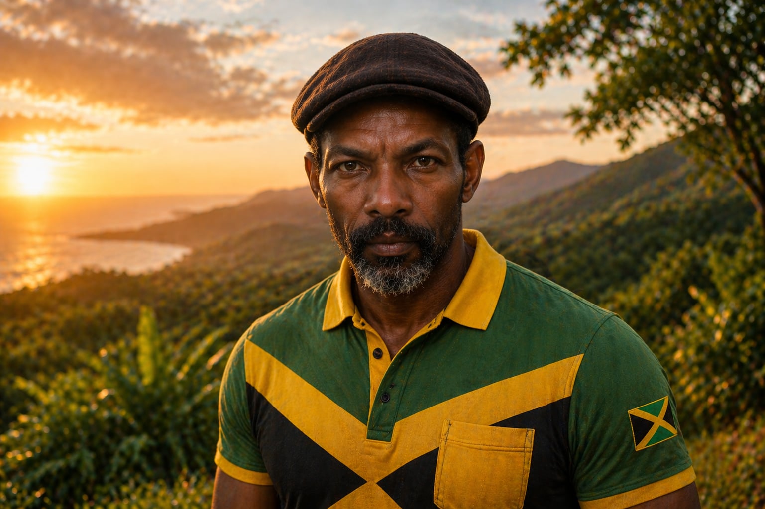 Winston Churchill Barrett wearing Jamaican colors at sunset
