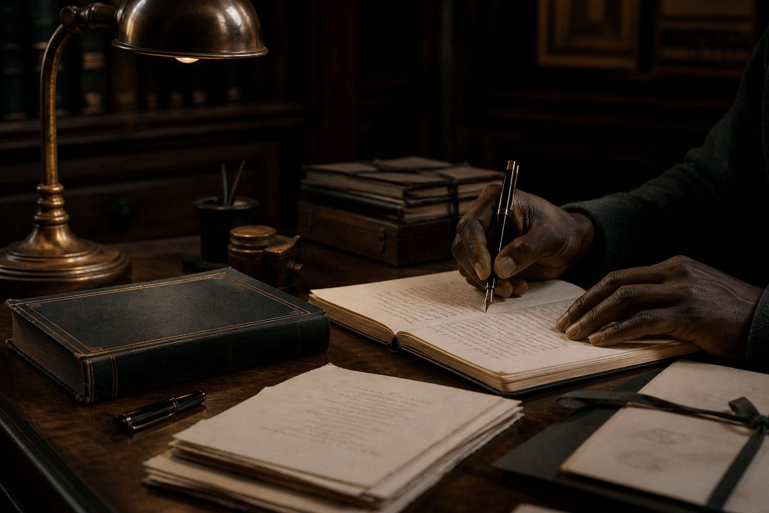 A creator writing a manuscript at an archival publishing desk