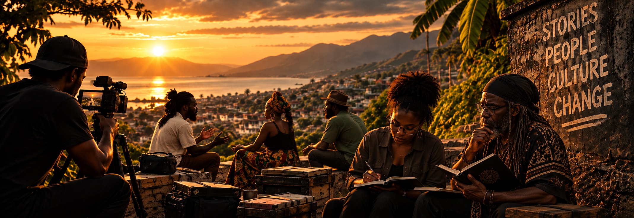 Storytellers gathered beside the sea at sunset